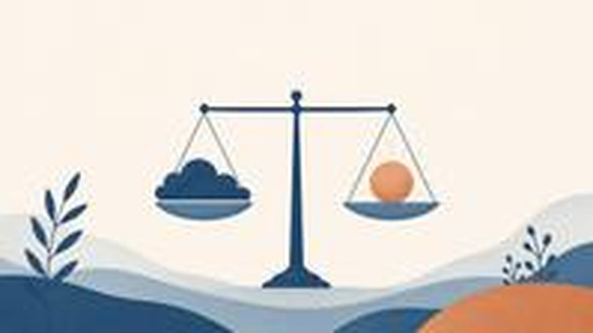 Ilustração de uma balança simples equilibrando uma nuvem escura de um lado e um sol suave do outro
