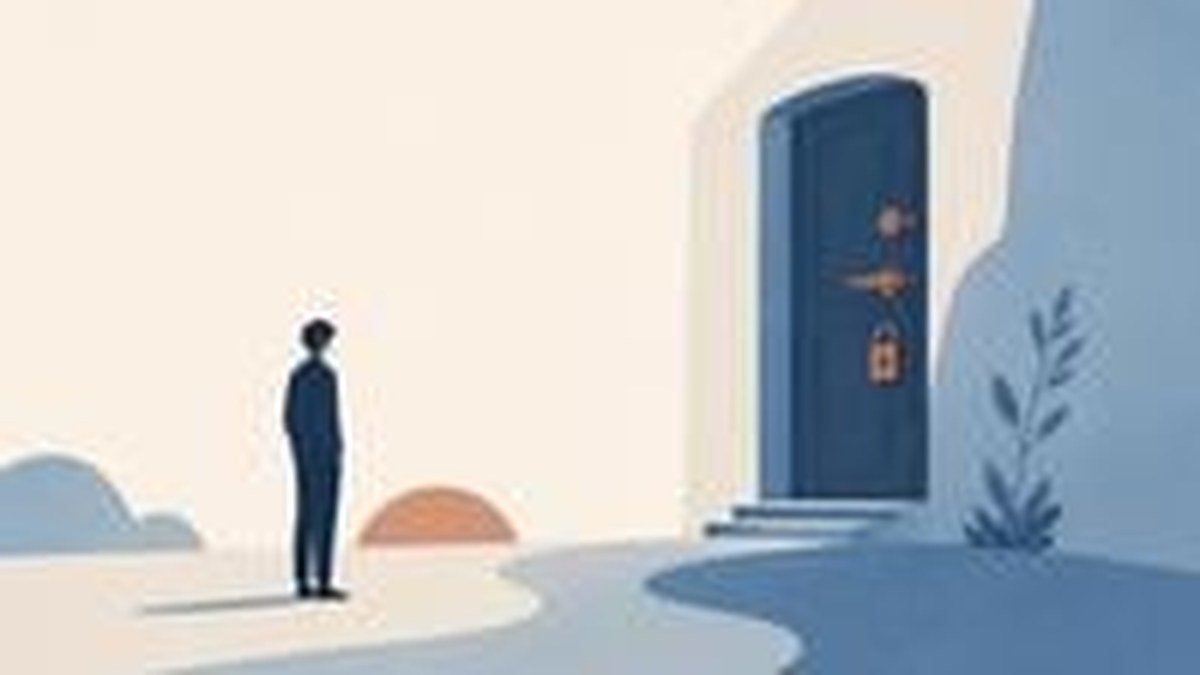 Ilustração de uma pessoa diante de uma porta com várias fechaduras, hesitando antes de abri-la