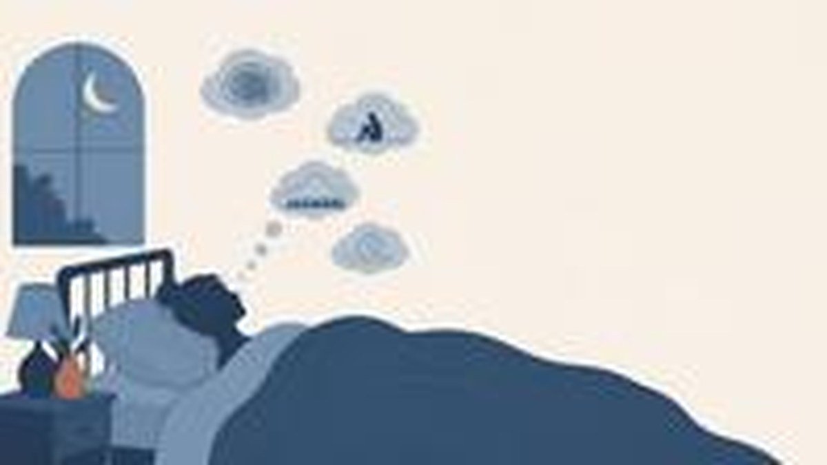 Ilustração de uma pessoa deitada na cama com pequenos pensamentos em forma de nuvens flutuando acima, impedindo o sono