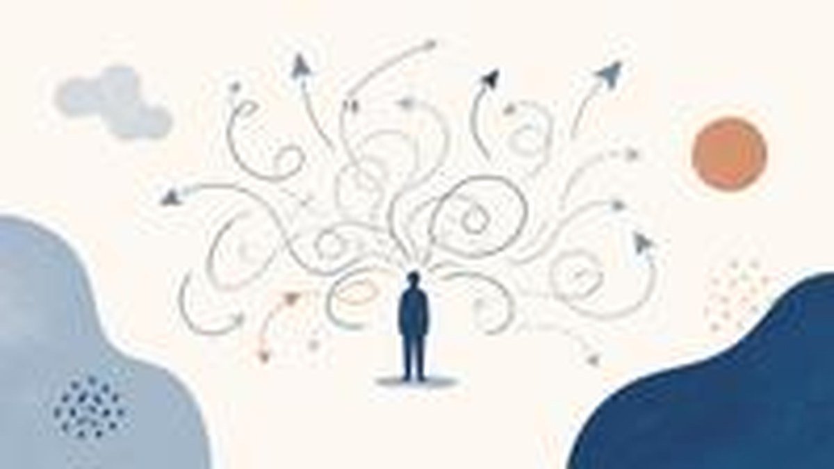 Ilustração de uma pessoa no centro de várias setas em espiral apontando para direções diferentes, representando pensamentos em excesso