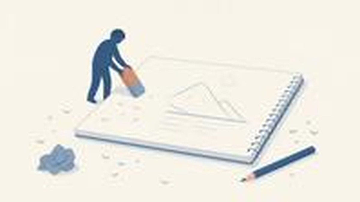 Ilustração de uma pessoa apagando repetidamente um pequeno desenho quase perfeito, nunca satisfeita com o resultado