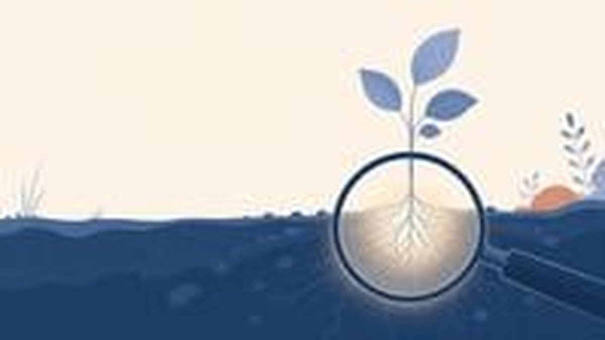 Ilustração de uma lupa suave iluminando as raízes de uma planta, representando a busca pela origem das emoções